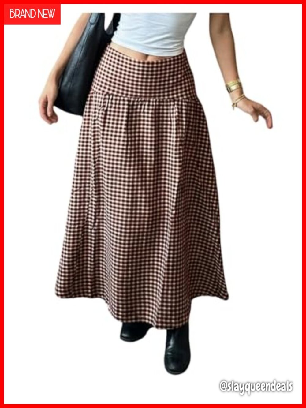 Women's Gingham Plaid Maxi Skirt Drop Waist Y2K Fall Long Skirt